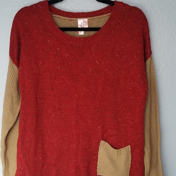 Dolled Up Sweaters - Red & Tan Patchwork Sweater NWT